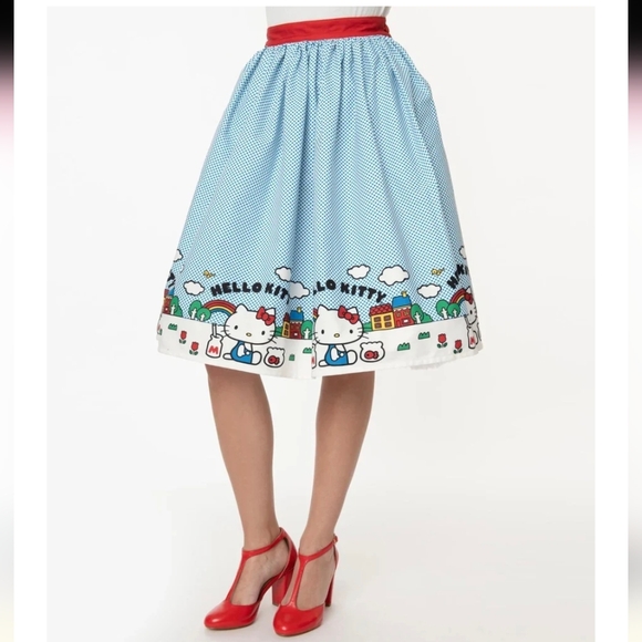 Hello Kitty x Unique Vintage Little Town Border Print Swing Skirt - Picture 1 of 8
